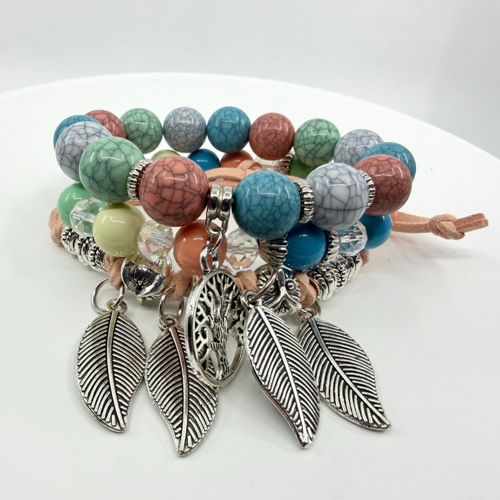 Boho Tree of Life Charm Bracelet Multi-Color Beaded Stack Layering Jewelry Gift